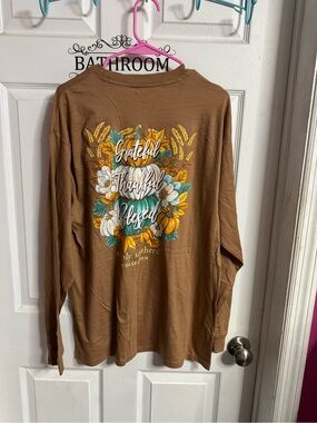 Simply Southern Brown Long Sleeve Floral "Grateful Thankful Blessed" Graphic Tee